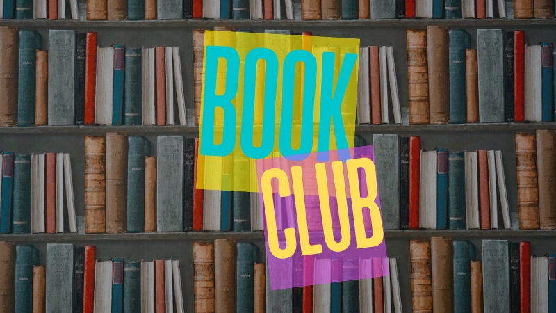 Image showing a bookshelf with colorful "Book Club" text overlay, perfect for finding creative book club names