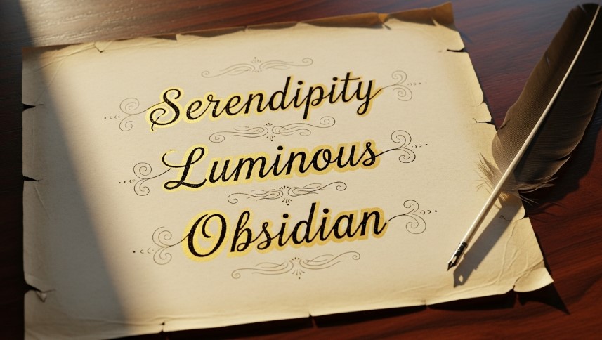 A quill pen rests on aged parchment, its surface adorned with the elegant script "Serendipity, Luminous, Obsidian