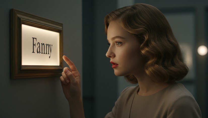 A woman gazes at a sign that reads "fanny," appearing puzzled