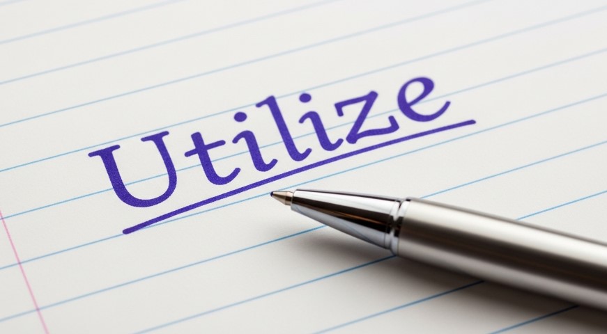The word "Utilize" is written in purple ink on lined paper