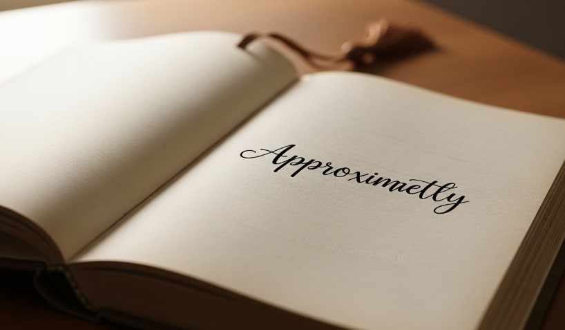 The word "Approximetly" written in elegant cursive on the textured page of an open book