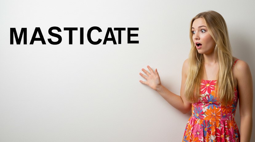 Woman looking surprised while looking at the word "masticate"