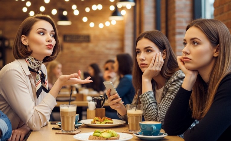 Three young women are seated at a table in a cafe, with one woman animatedly gesturing while speaking to her two companions