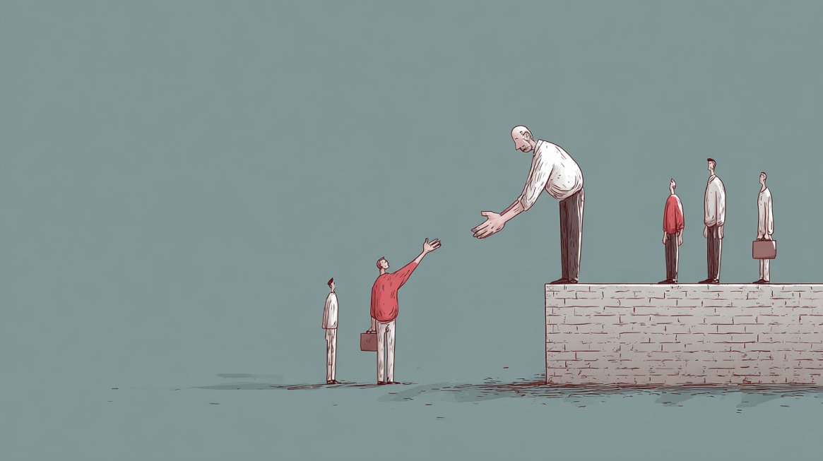 Illustration of a person standing on a raised platform reaching down to help another person climb up, symbolizing selflessness and support