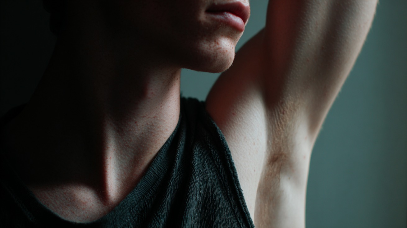 Close-up of a person’s armpit and neck in soft lighting, illustrating the word “armpit.”
