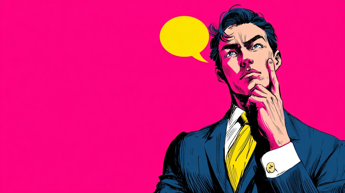 Pop art style illustration of a thoughtful man in a suit with a yellow tie, holding his chin and a blank yellow speech bubble above his head on a bright pink background