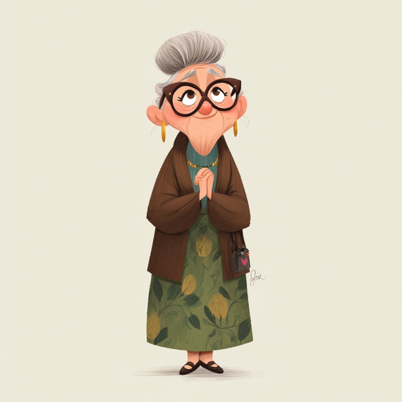 A cartoon illustration of an elderly woman with gray hair in a bun, wearing large glasses, a brown cardigan, a green floral skirt, and gold earrings, smiling kindly with hands clasped