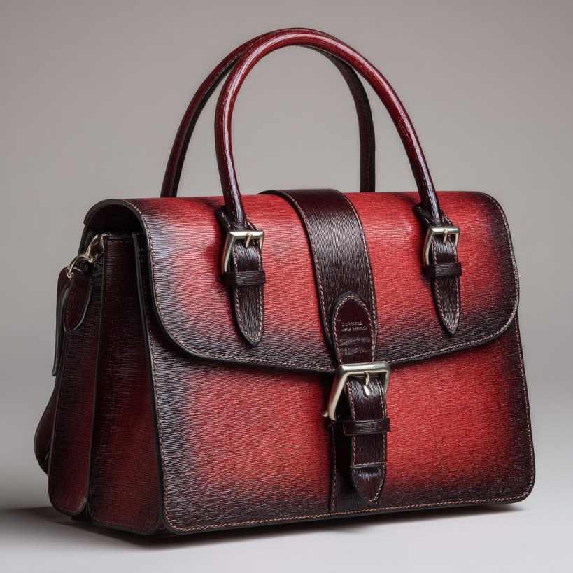 A stylish red leather handbag with dark brown straps, silver buckles, and a structured design, placed on a neutral background