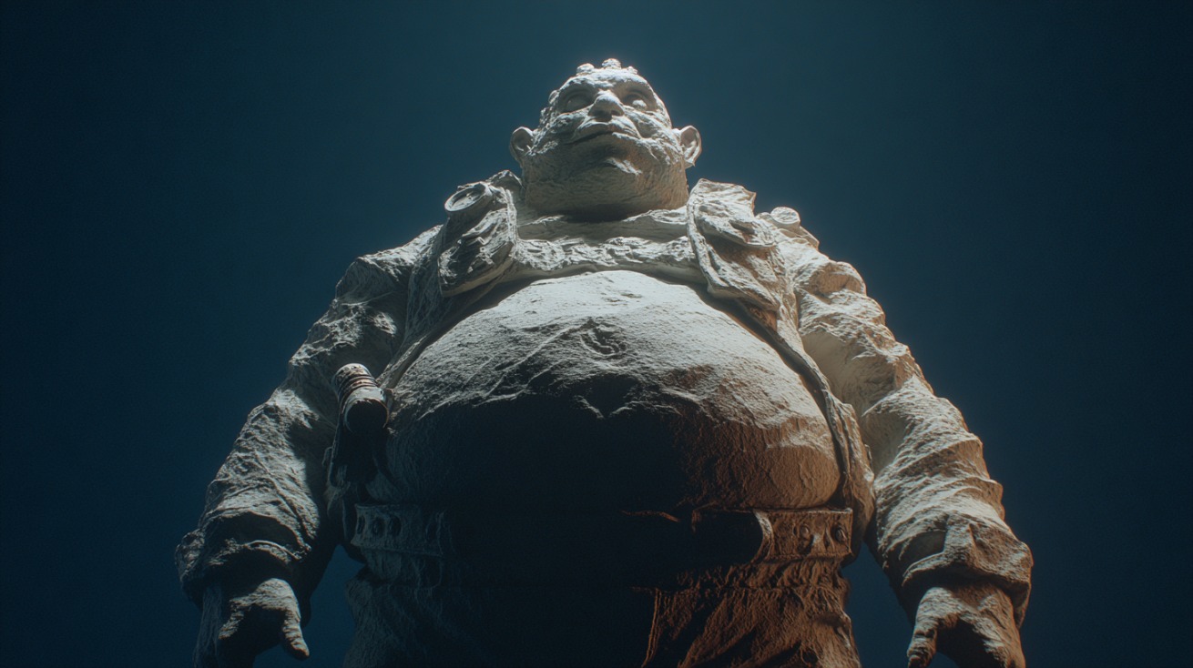 Low-angle view of a large, rough-textured statue of a man, symbolizing the word “chunky” and its sensory impact