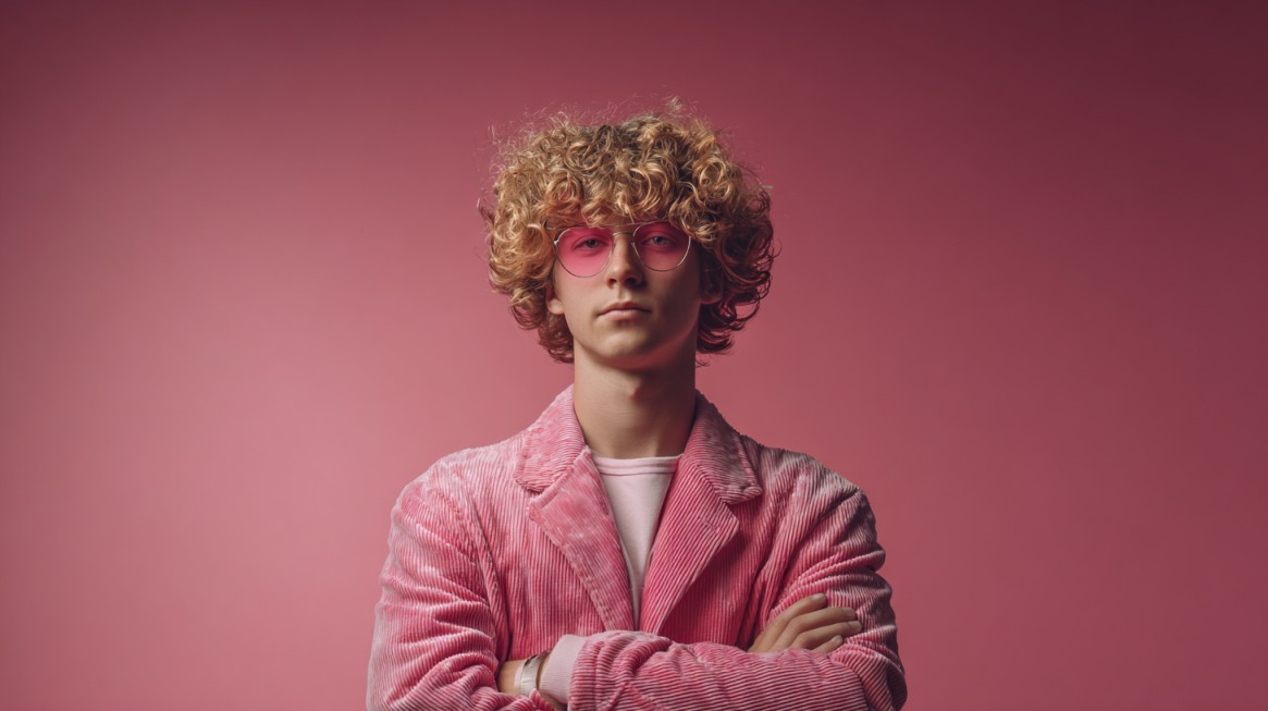 Person with curly hair wearing pink sunglasses and a pink corduroy jacket, standing with arms crossed against a matching pink background