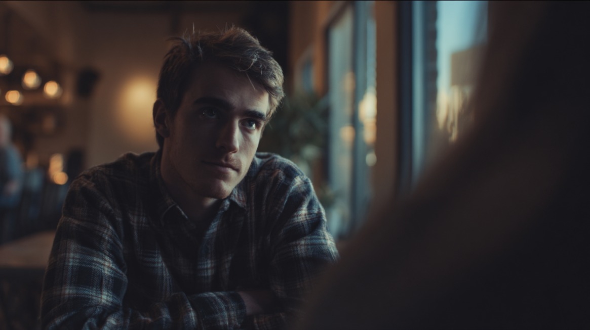 Person sitting at a table in a softly lit café, attentively listening with a thoughtful expression