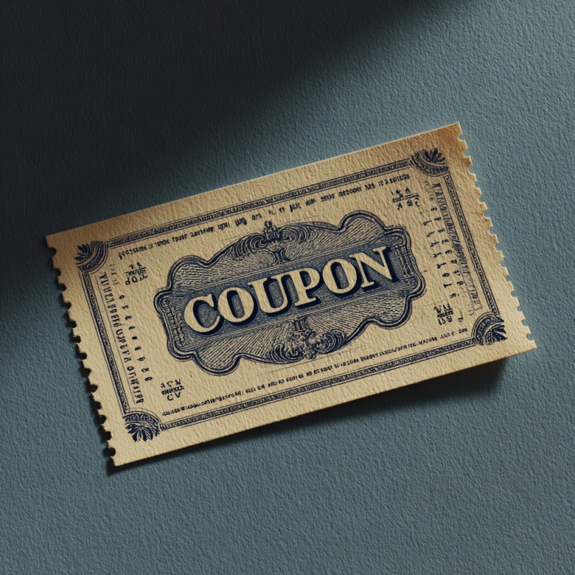 A vintage-style coupon printed on textured beige paper with ornate blue border designs and bold “COUPON” text in the center
