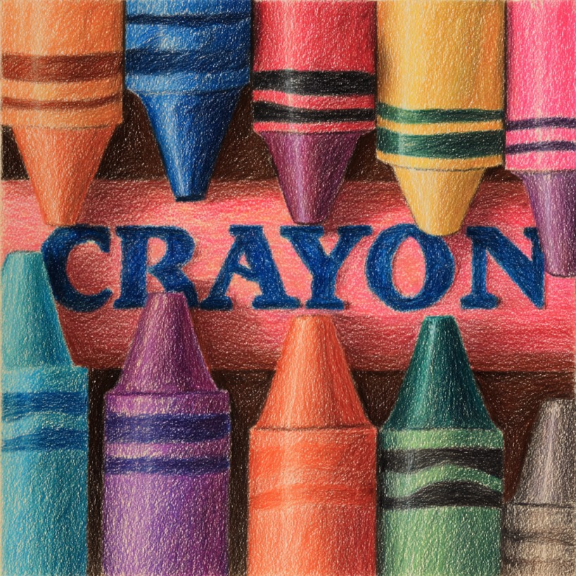 A close-up of colorful crayons arranged in a row with the word “CRAYON” visible in blue text in the center