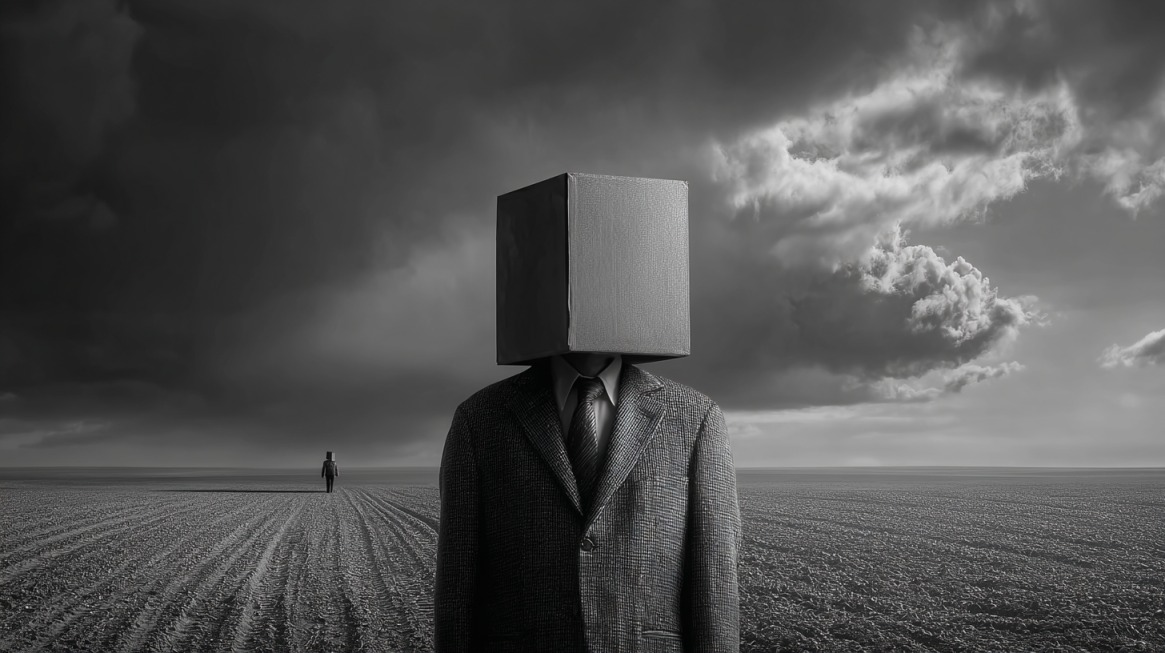Person in a suit standing in an open field with a box covering their head, under dramatic cloudy skies in black and white