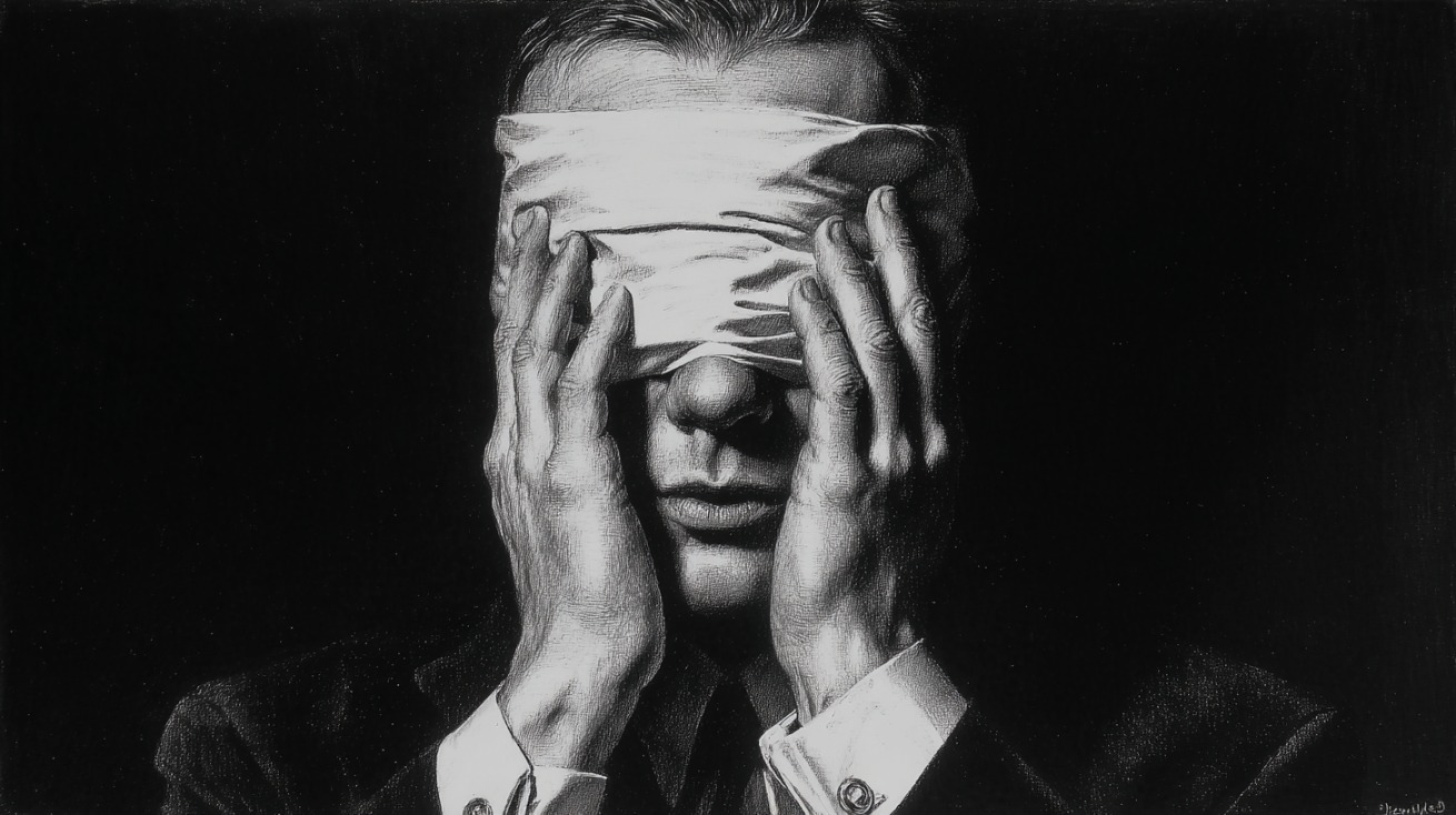 Black and white image of a person in a suit with a blindfold covering their eyes, hands pressed to their face, symbolizing distrust or closed-mindedness
