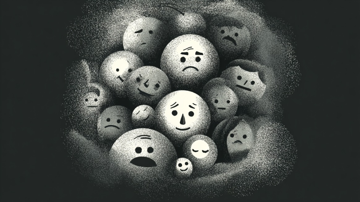 Illustration of multiple round faces with different sad or worried expressions, clustered together in a dark background