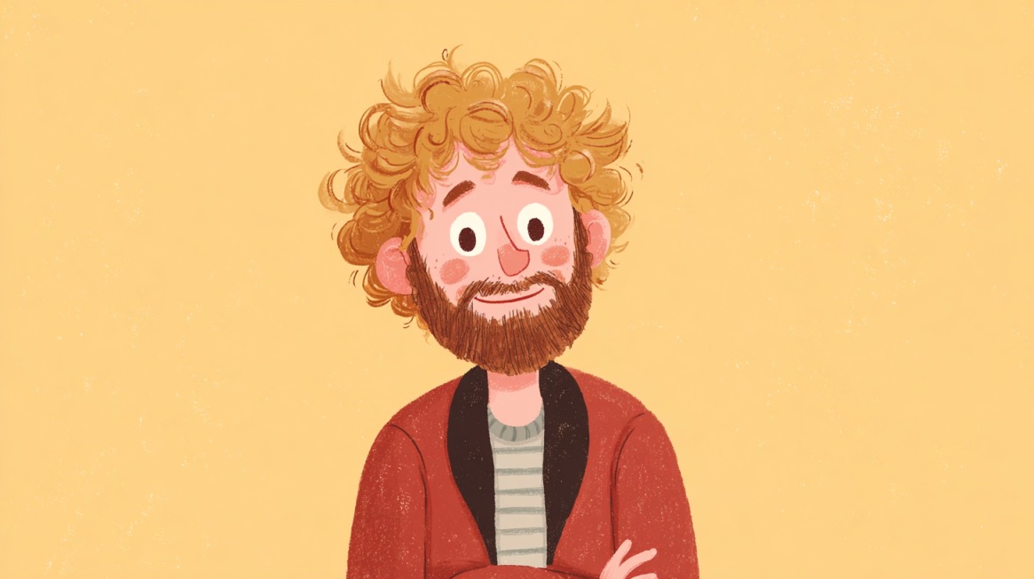 Illustration of a smiling person with curly hair and a beard, wearing a red jacket and striped shirt, set against a warm yellow background