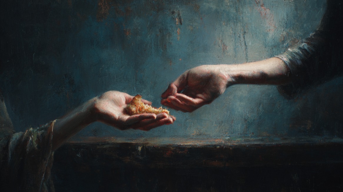 Painting-style image showing one hand offering a piece of bread to another, symbolizing kindness and giving