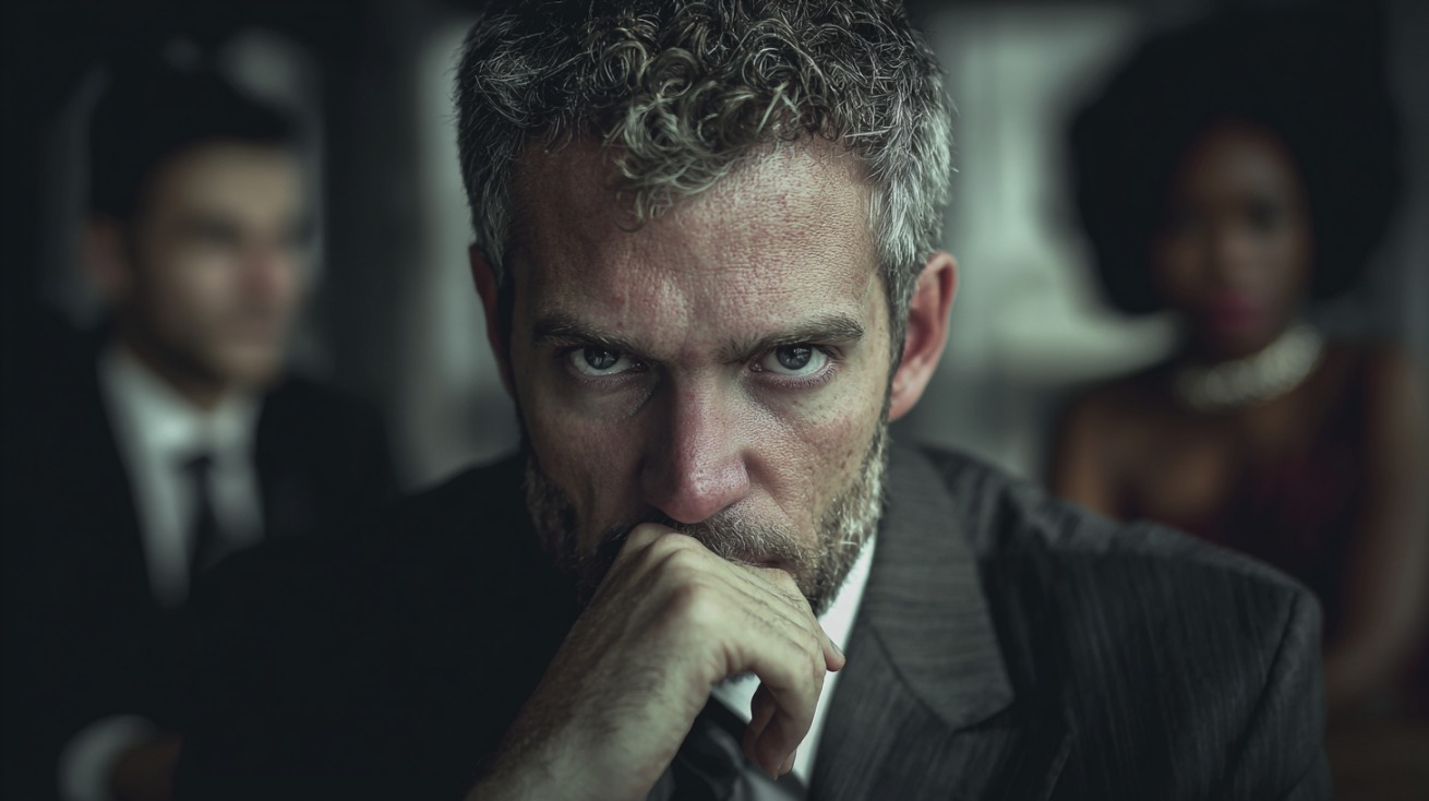 Close-up of a man in a suit staring intensely ahead with others blurred in the background, symbolizing envy or resentment