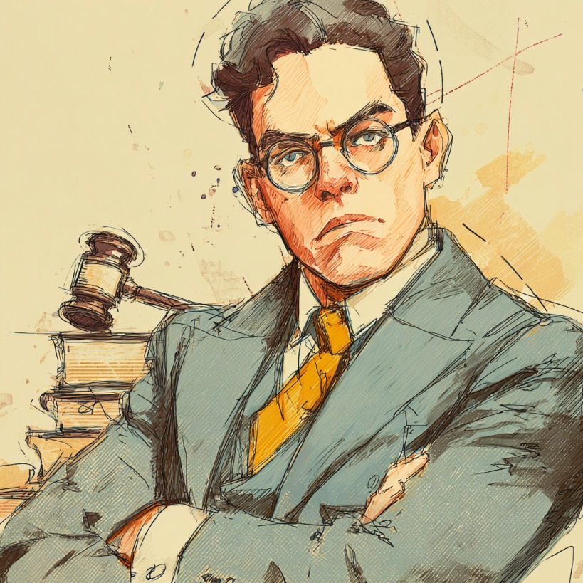 Artistic sketch of a serious-looking man in a suit with a yellow tie and round glasses, standing with crossed arms near a gavel and stack of law books