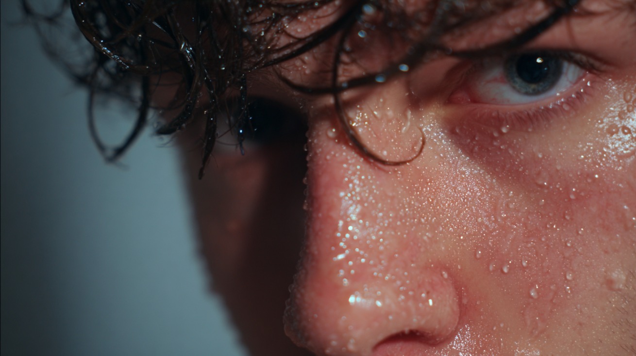 Close-up of a person’s sweaty face and wet hair, illustrating the visual association with the word “moist.”