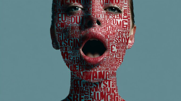 A person’s face covered in red typography with an open mouth, symbolizing the expression of uncomfortable or unsettling words