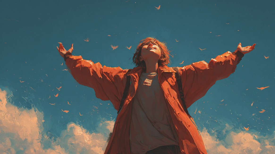 Person in an orange jacket stands with arms raised under a bright blue sky, symbolizing positivity and freedom