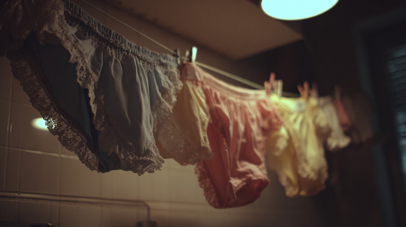 A row of pastel lace underwear hanging on a clothesline in soft, dim lighting