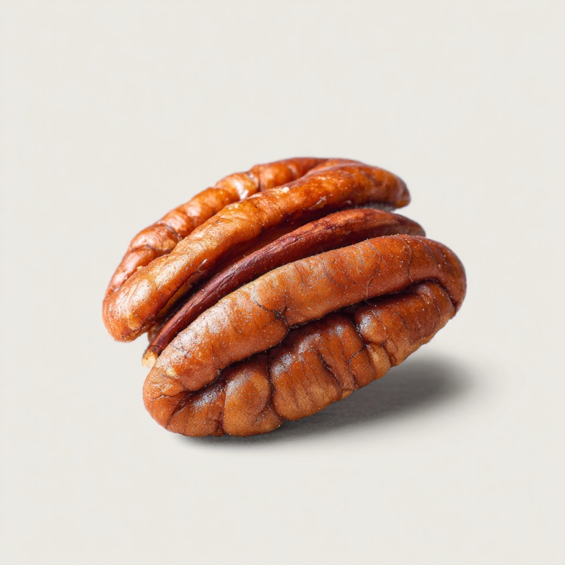 A close-up of a single pecan nut against a light background, showing its smooth texture and natural brown ridges