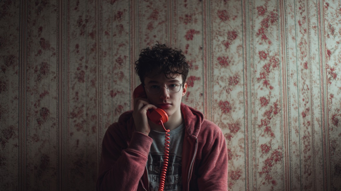 Person wearing glasses and a red hoodie holding a red corded phone against a floral wallpaper background, looking calm and serious