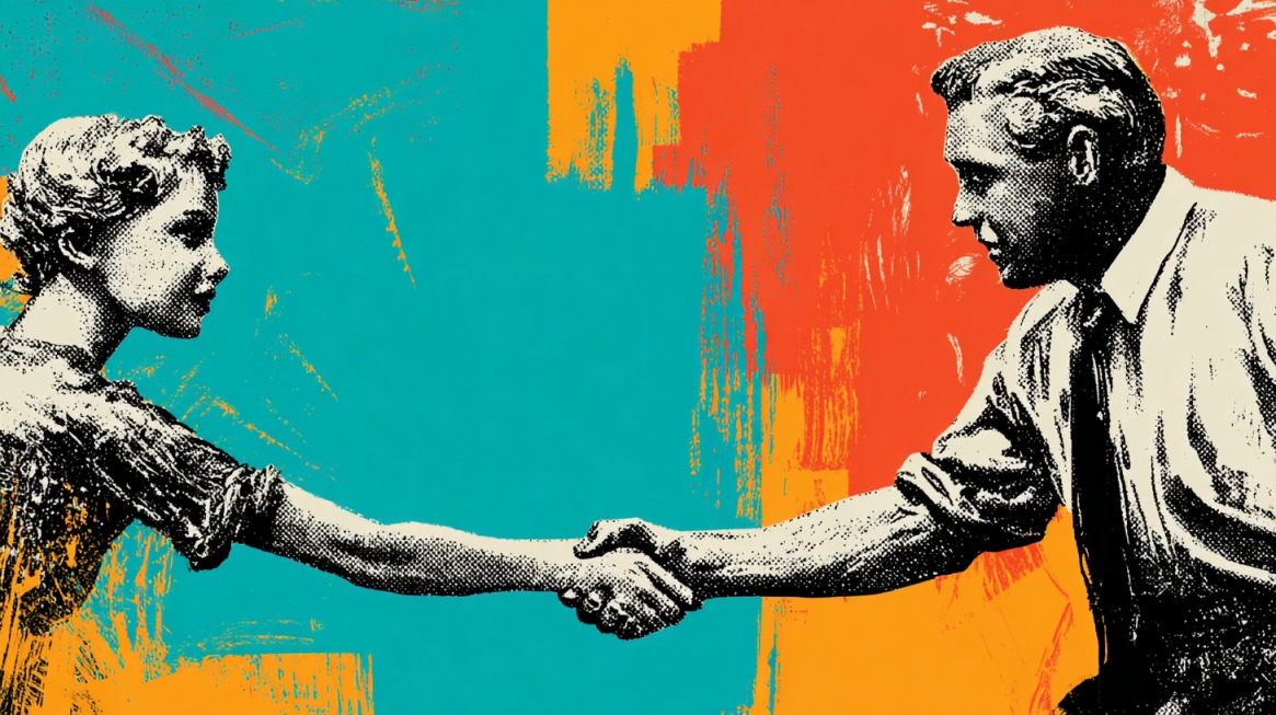 Illustrated image of two people shaking hands against a colorful background of teal, orange, and yellow, symbolizing mutual respect and understanding