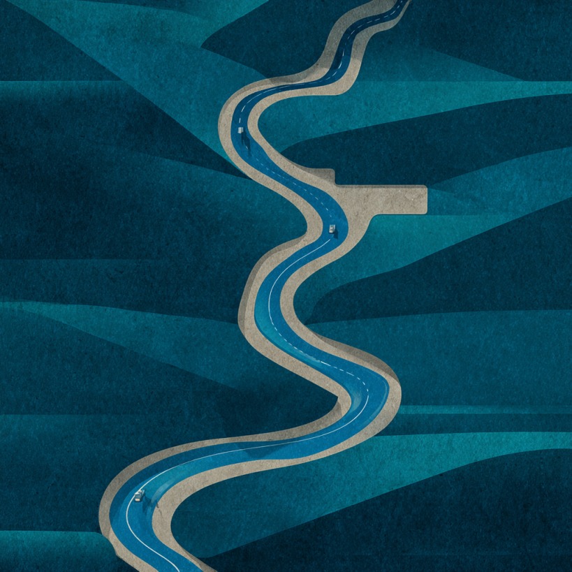 An abstract illustration of a winding road flowing through blue-toned hills, resembling both a river and a highway from an aerial view