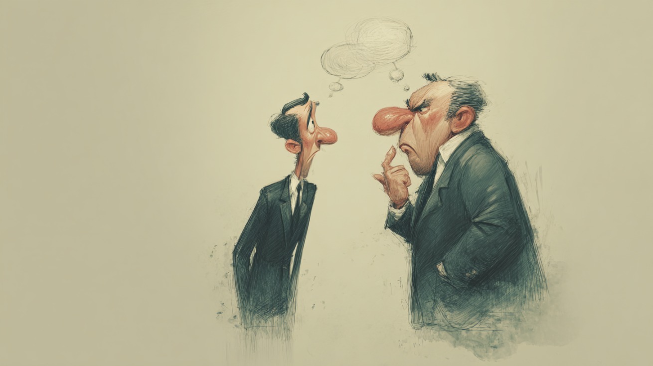 Cartoon illustration of two men in suits facing each other, one looking annoyed and the other surprised, symbolizing rudeness or confrontation