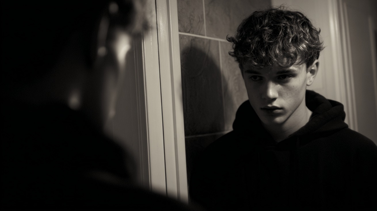 Person in a dark hoodie looking at themselves in a mirror with a serious, introspective expression in a dimly lit room