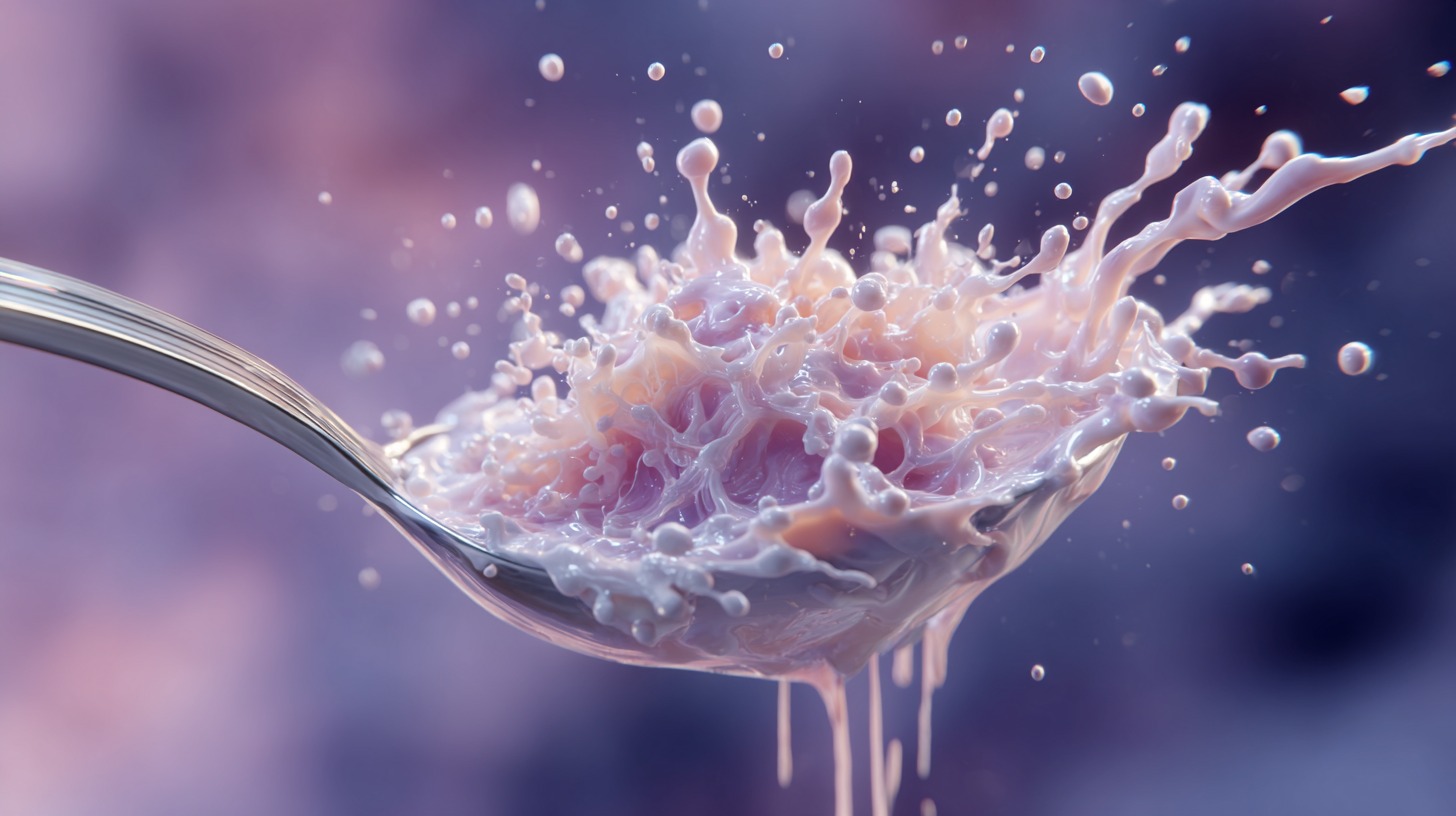 Close-up of a spoon splashing with thick liquid, symbolizing the sound and sensation of the word “slurp.”