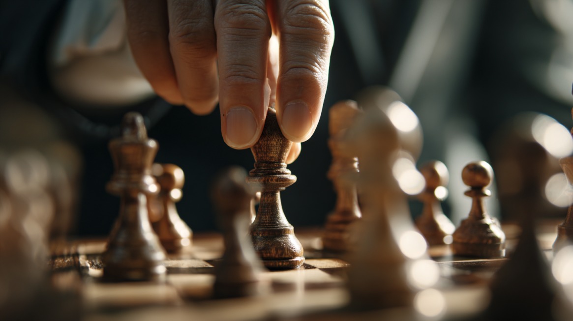 Close-up of a hand moving a chess piece on a wooden chessboard, symbolizing strategy and foresight