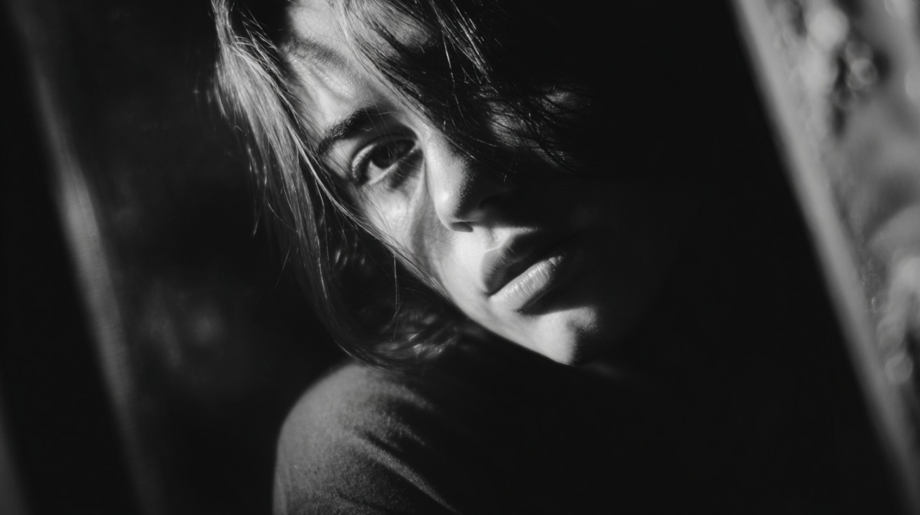 Black and white close-up of a person with a somber expression, partly in shadow, suggesting sadness or disappointment