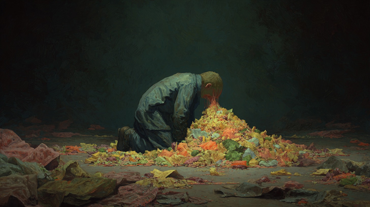 Artistic depiction of a person kneeling over and vomiting vividly colored material, symbolizing the disturbing nature of the word “vomit.”