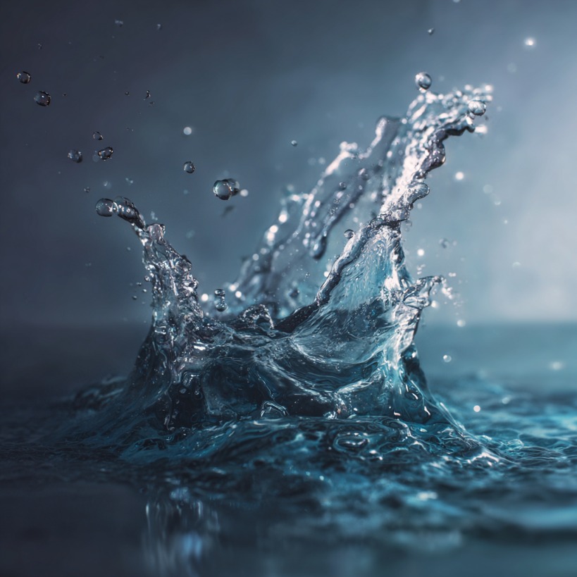 Close-up photograph of a splash of water captured mid-motion with droplets suspended in the air, against a soft blue-gray background