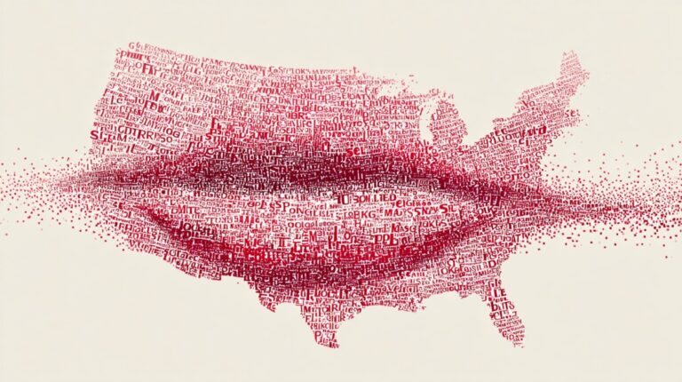 Artistic illustration of the United States map made up of red typographic words, symbolizing different pronunciations and linguistic variations across the country
