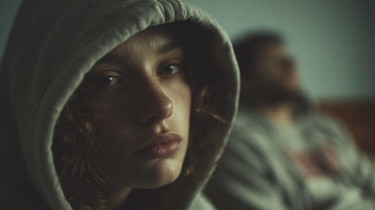 Person in a hoodie with a thoughtful expression, sitting indoors with another blurred figure in the background, suggesting introspection or reflection