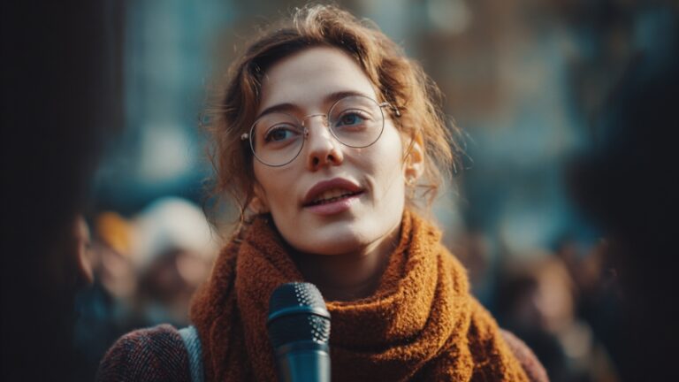 A young woman with glasses and a warm scarf speaks into a microphone during an outdoor event