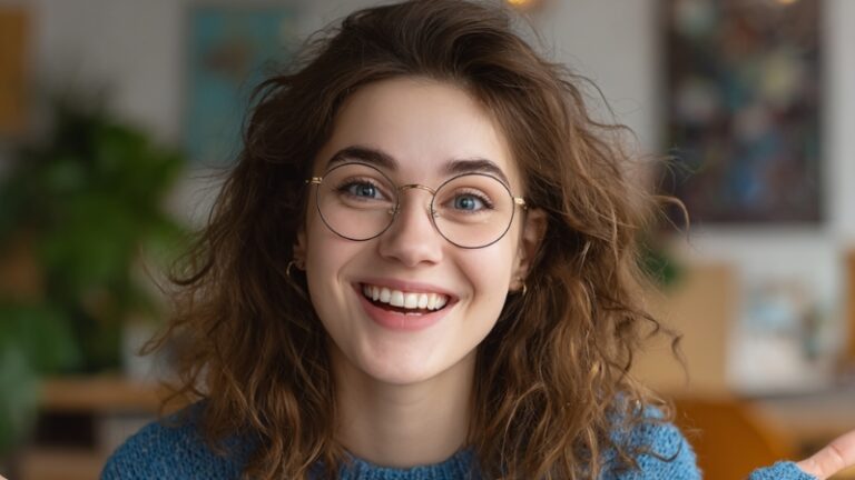 A smiling young woman with curly hair and glasses looks excited indoors, suggesting a positive reaction to beautiful-sounding words
