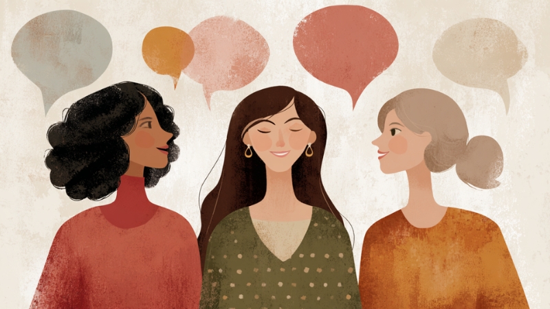 Illustration of three women happily chatting with speech bubbles above their heads