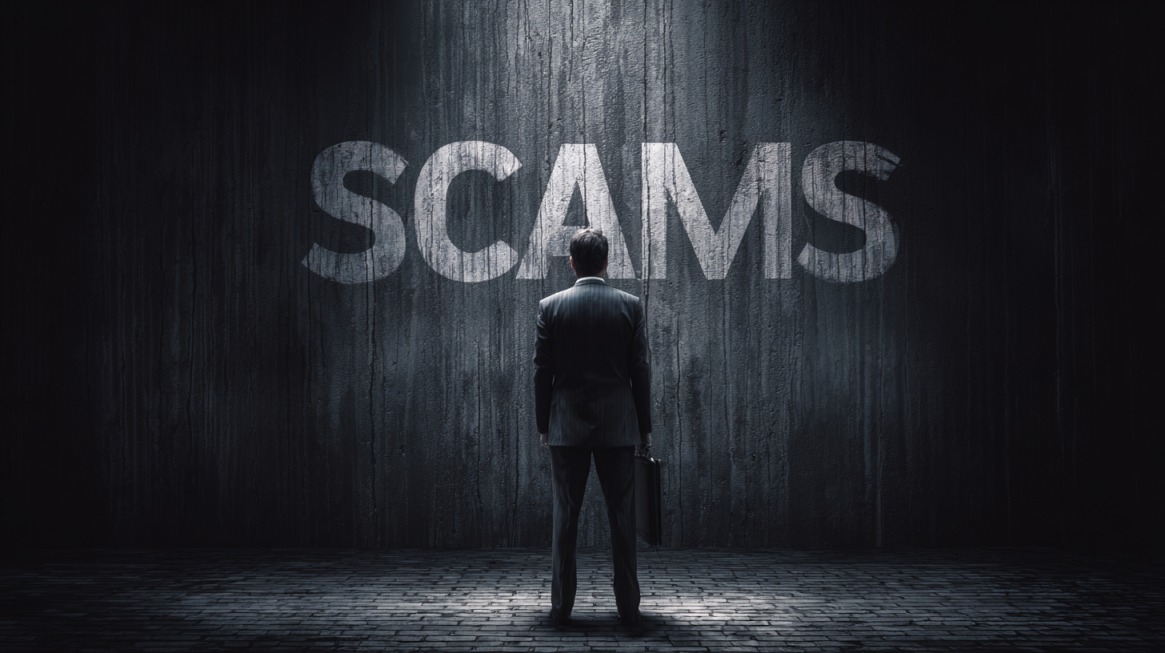 Person in a suit facing a dark wall with the word scams painted in large letters