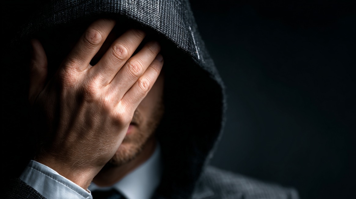 Person in a dark hooded jacket covering their face with one hand