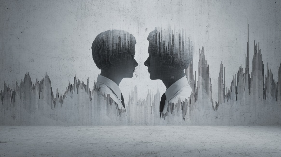 Two silhouetted profiles facing each other with financial chart patterns overlaid in the background
