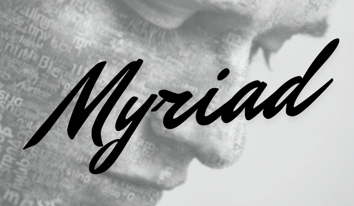 Stylized image with the word myriad over a thoughtful face