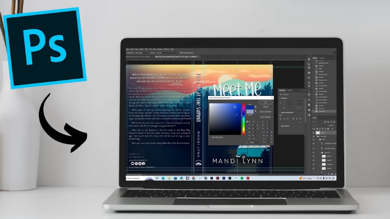 Laptop screen showing book cover design in Photoshop, representing Adobe tools for self-publishing covers