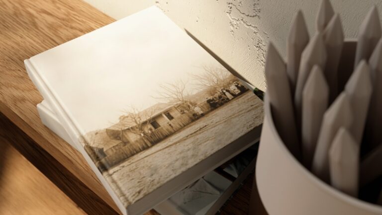 Book cover design example showing a printed book with a minimalist photo cover on a wooden desk